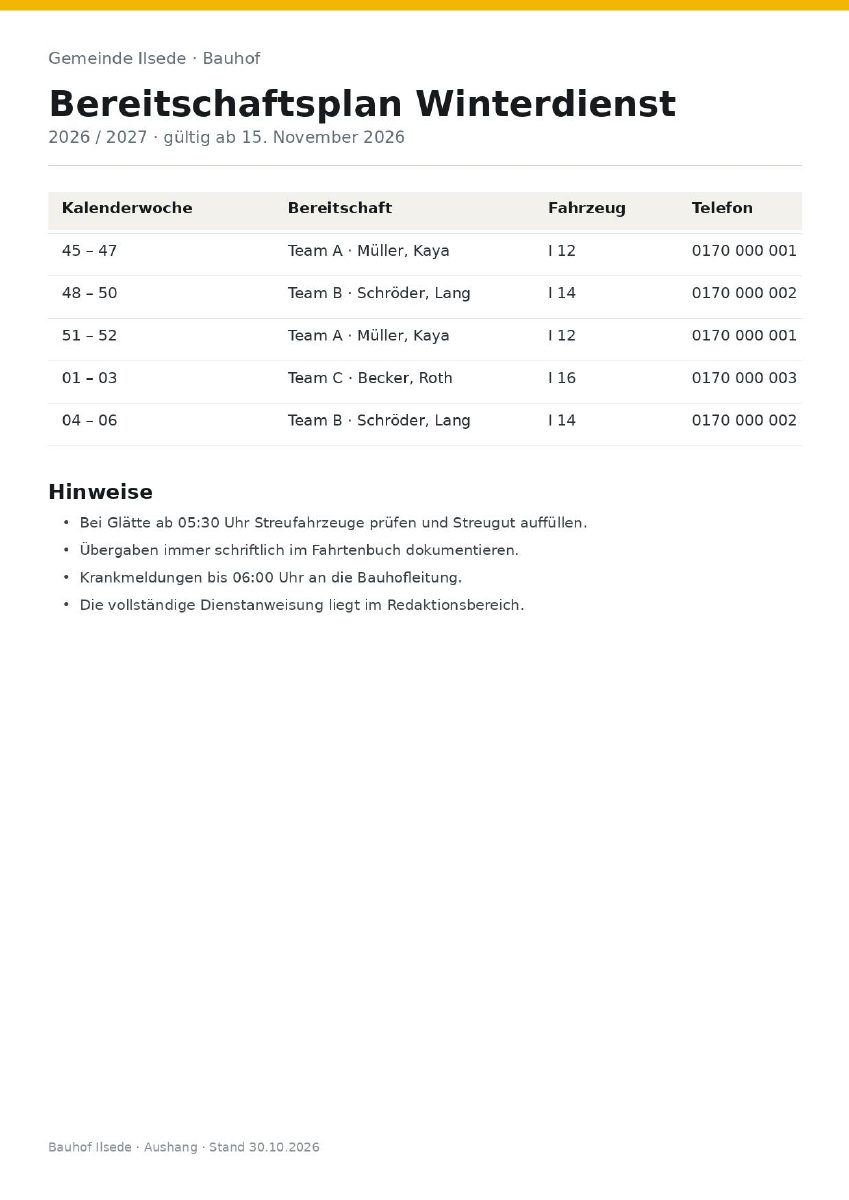Erste Seite: DEMO · Bereitschaftsplan (Beispiel-PDF)